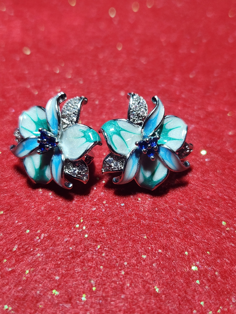 Blue Green Flower Stud/hoop Earrings - In SILVER